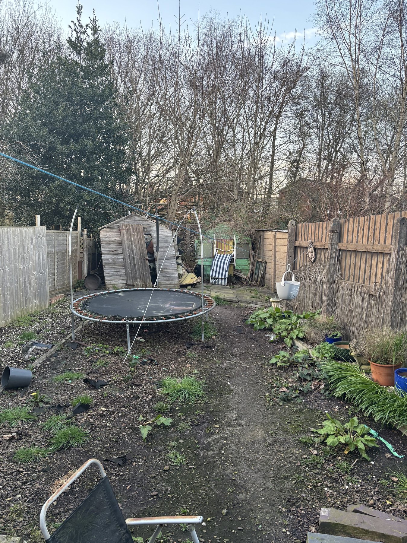 A long back garden with bare beds, a trampoline and sheds at the far end