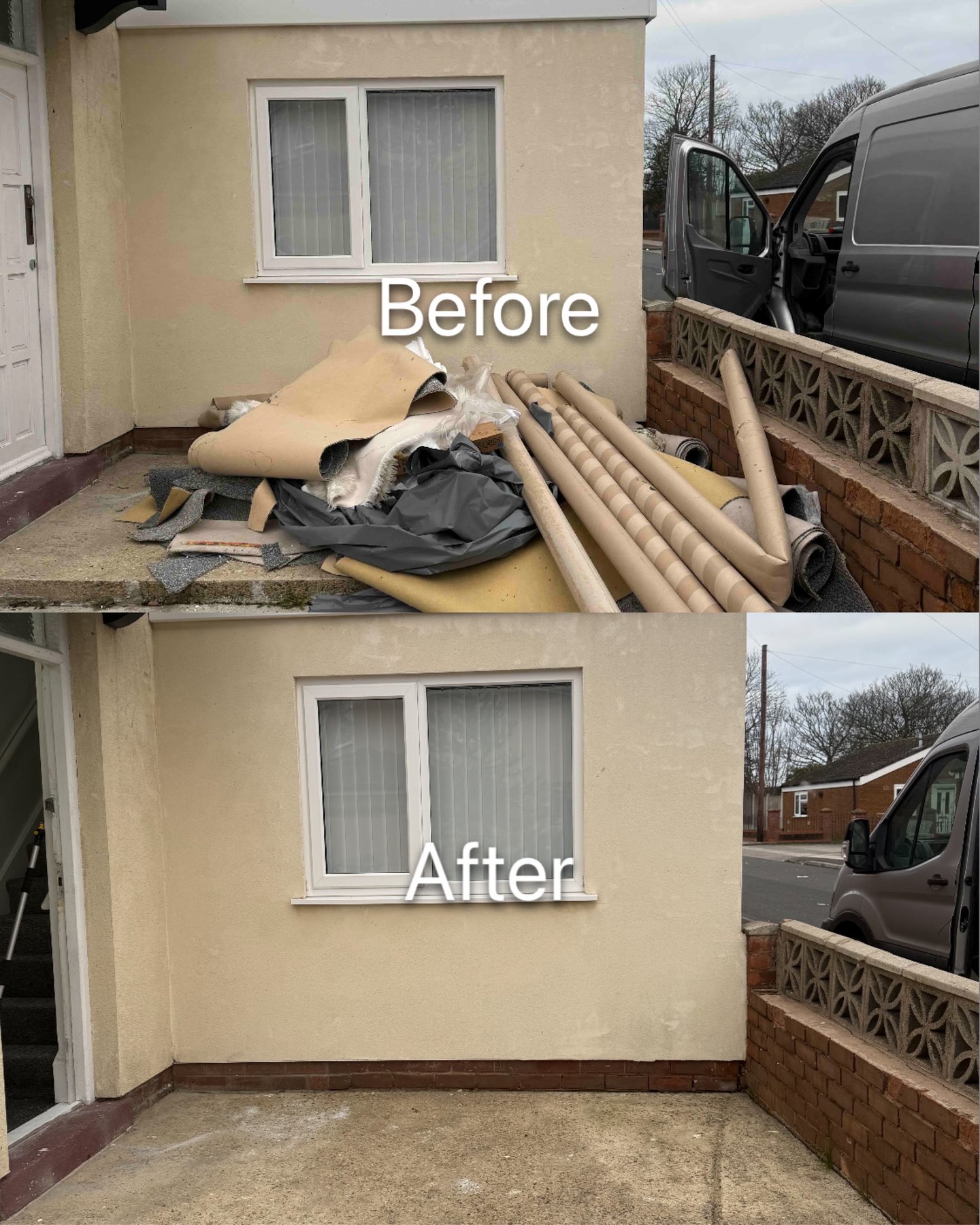 A front yard piled with old carpet and underlay, labelled Before, and the same yard swept clear, labelled After